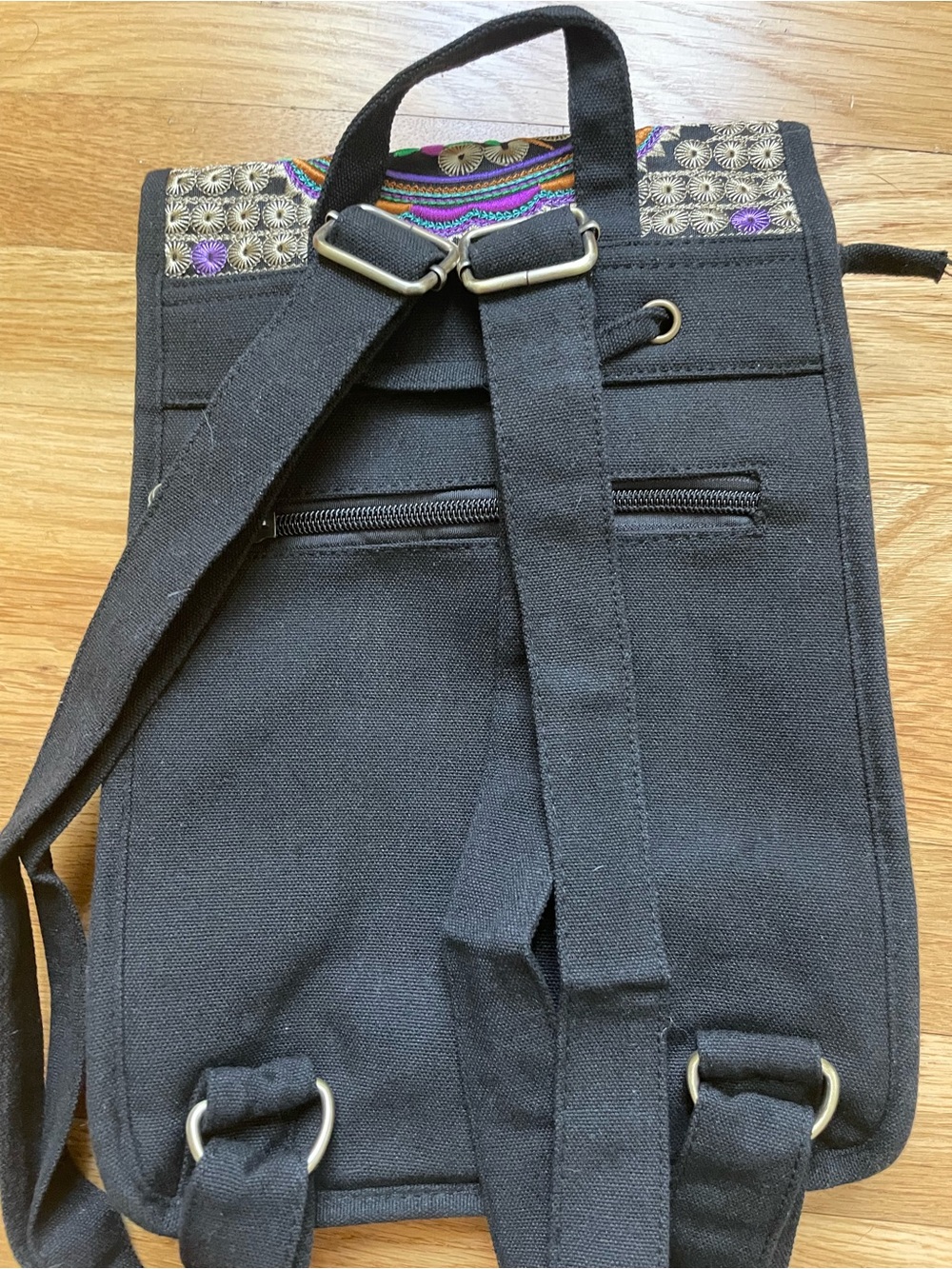 Embroidered Floral Black Backpack with Purple & Teal Accents - Picture 6 of 7